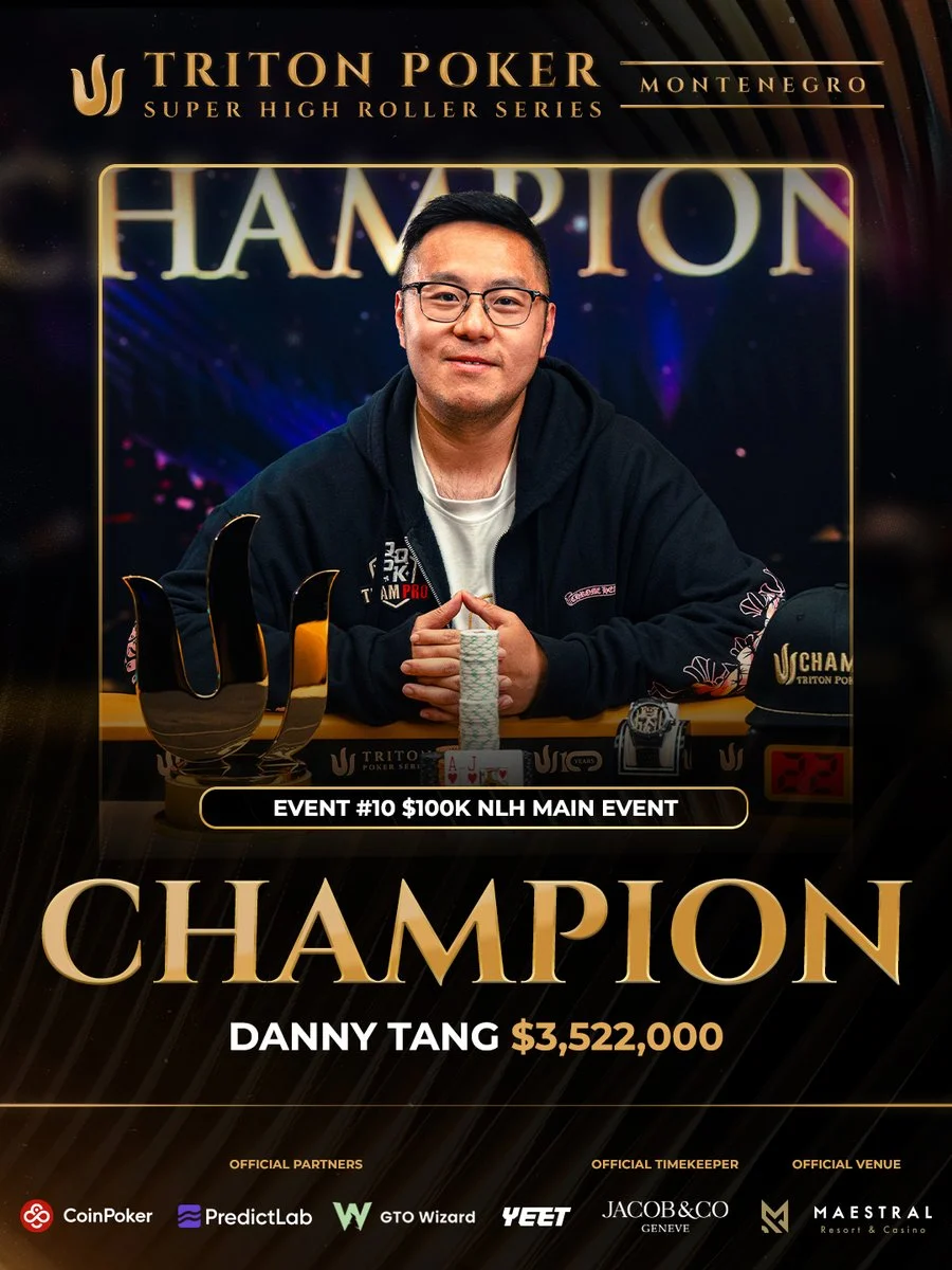 Danny Tang holds the Triton trophy as $100K NLH Main Event champion