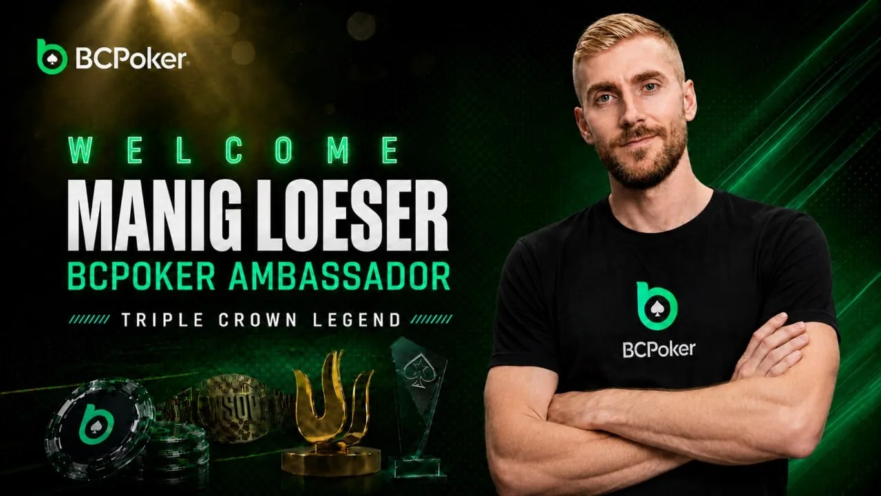 Manig Loeser unveiled as BCPoker's new Global Ambassador, with WSOP bracelet, EPT and Triton trophies in frame.