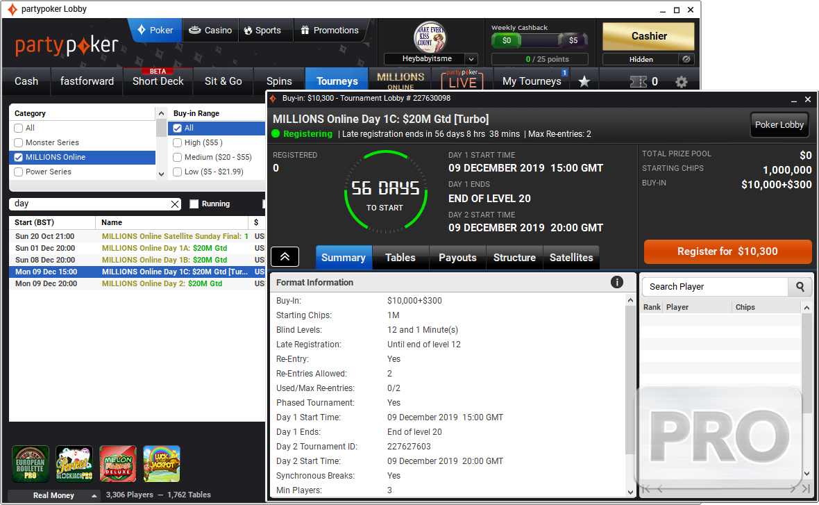 Partypoker MILLIONS Online lobby screenshot